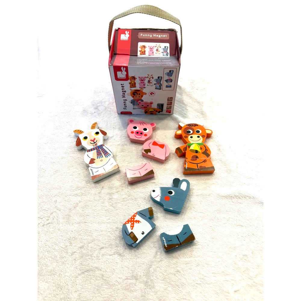 Janod Funny Magnets Wooden Farm Animal Mix Match Puzzle Set 12pc J08042